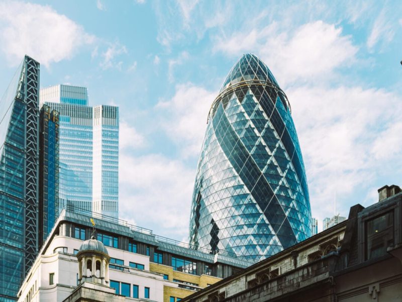 London, UNITED KINGDOM - OCTOBER 15, 2019 : London Citys glass skyscrapers in one of the worlds biggest financial districts